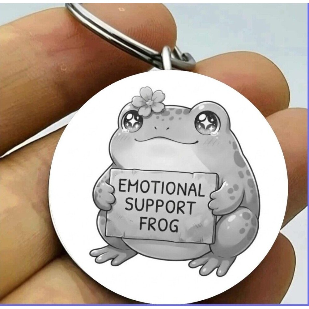 Emotional Support Frog Cute Baby Flower Stainless Keychain Art Animal Sign Meme